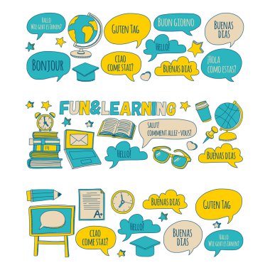 Doodle vektör simgeler yabancı dil öğrenme