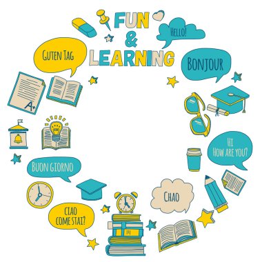 Doodle vektör simgeler yabancı dil öğrenme