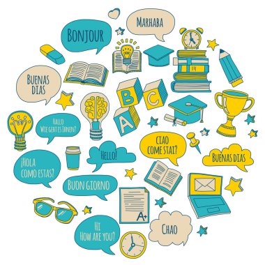 Doodle vektör simgeler yabancı dil öğrenme