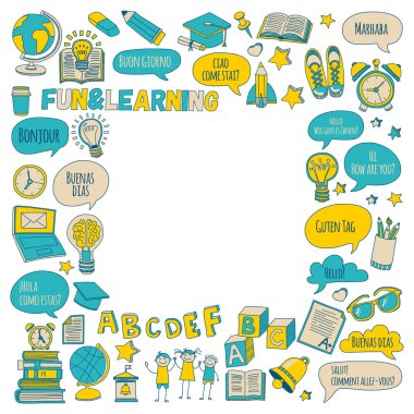 Doodle vektör simgeler yabancı dil öğrenme