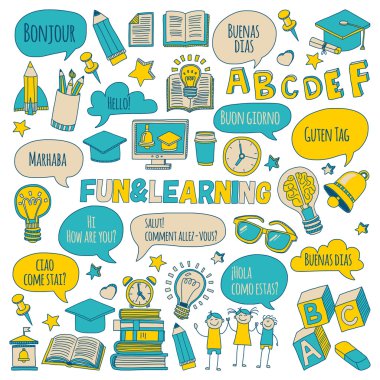 Doodle vektör simgeler yabancı dil öğrenme