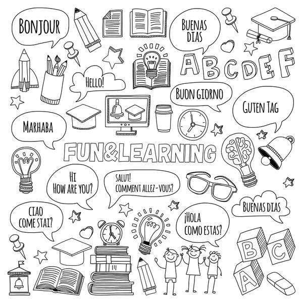 Dil Okulu Doodle vektör set