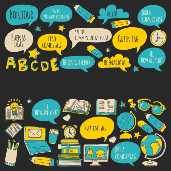 Ícones do doodle da escola de línguas no quadro negro — Vetor de Stock