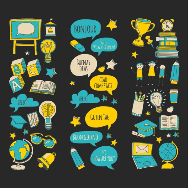 Language school doodle icons on blackboard — Stock Vector