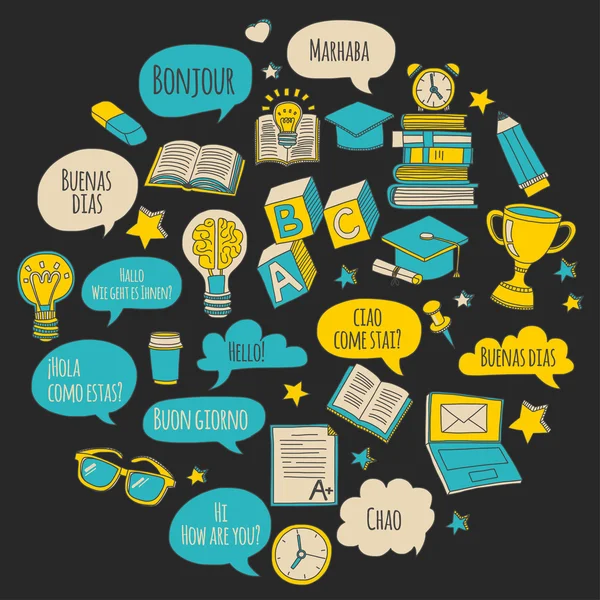 Dil Okulu doodle simgeler yazı tahtası