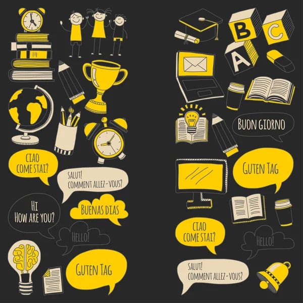 Language school doodle icons on blackboard — Stock Vector