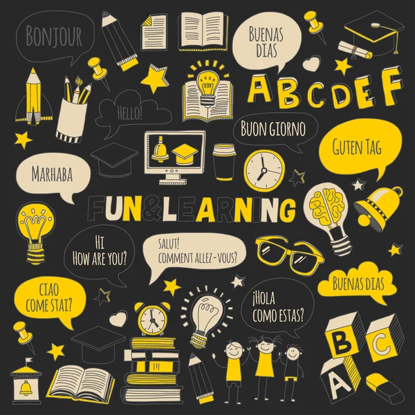 Dil Okulu doodle simgeler yazı tahtası