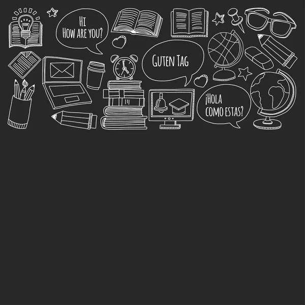 Dil Okulu doodle simgeler yazı tahtası