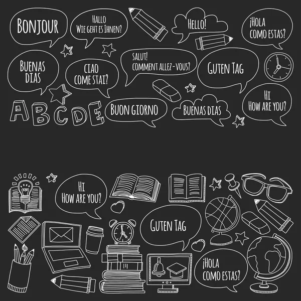 Dil Okulu doodle simgeler yazı tahtası