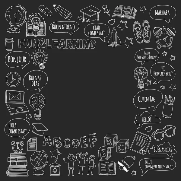 Dil Okulu doodle simgeler yazı tahtası