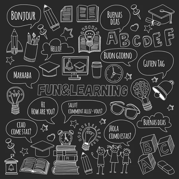 Language school doodle icons on blackboard — Stock Vector