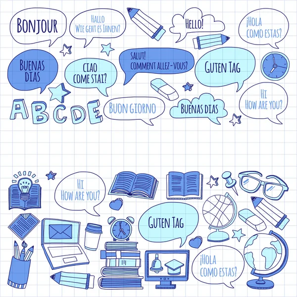 Dil Okulu doğrusal doodle simgeler defter kağıt üzerinde