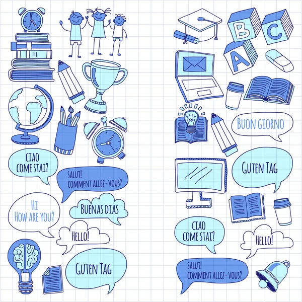 Dil Okulu doğrusal doodle simgeler defter kağıt üzerinde