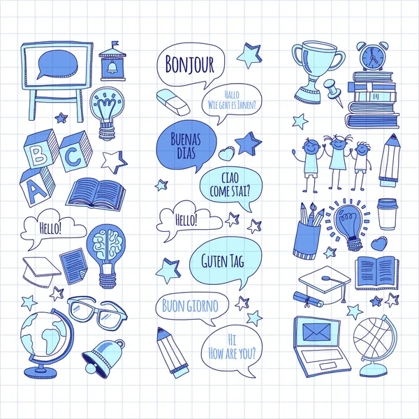 Dil Okulu doğrusal doodle simgeler defter kağıt üzerinde