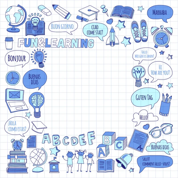 Language school linear doodle icons on notebook paper Stock Vector ...