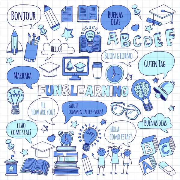 Dil Okulu doğrusal doodle simgeler defter kağıt üzerinde