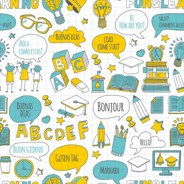 Szkoła językowa liniowe doodle ikony na papier do notatników — Wektor stockowy