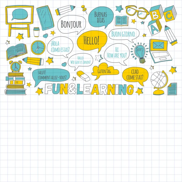 Dil Okulu doğrusal doodle simgeler defter kağıt üzerinde