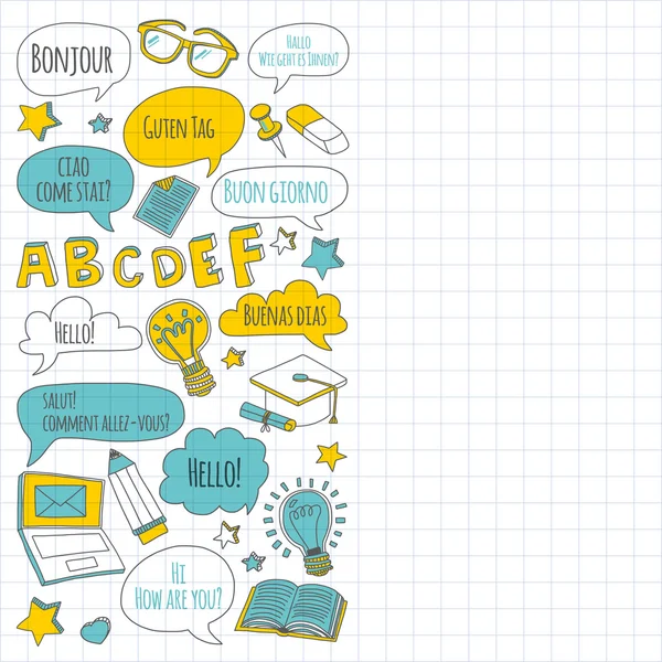Dil Okulu doğrusal doodle simgeler defter kağıt üzerinde