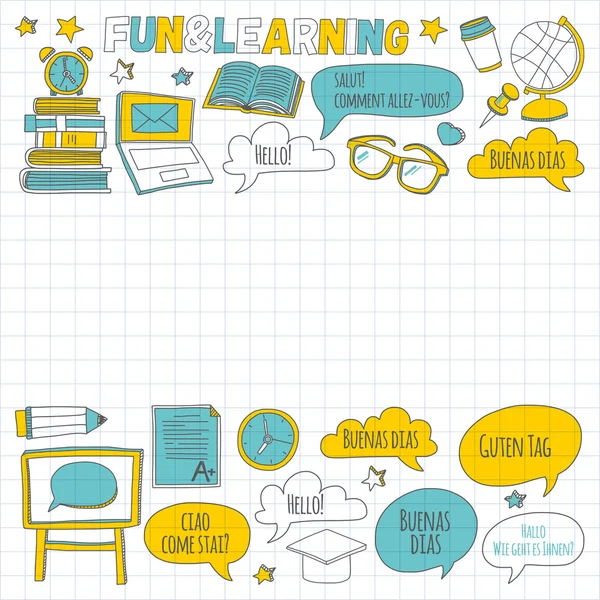 Language school linear doodle icons on notebook paper Stock Vector ...
