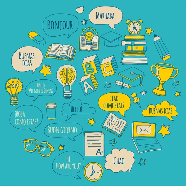 Doodle vektör simgeler yabancı dil öğrenme