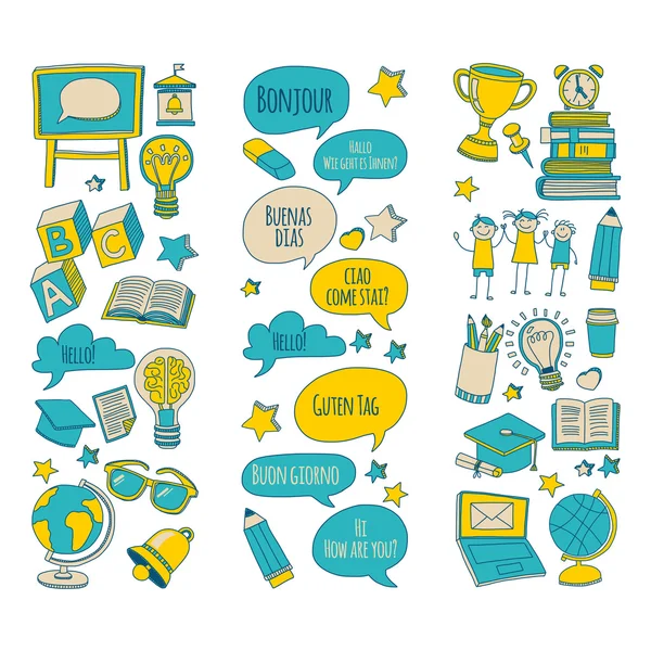 Doodle vector icons Foreing language learning — Stock Vector