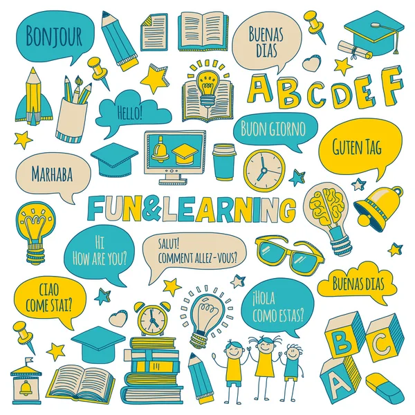 Doodle vektör simgeler yabancı dil öğrenme