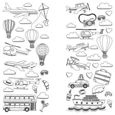 Araba Uçak Helikopter ballon gemi seyahat ve ulaşım vektör doodle kümesi