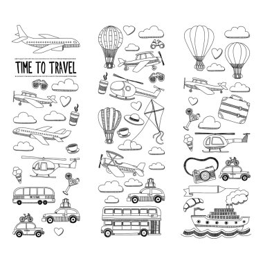Araba Uçak Helikopter ballon gemi seyahat ve ulaşım vektör doodle kümesi