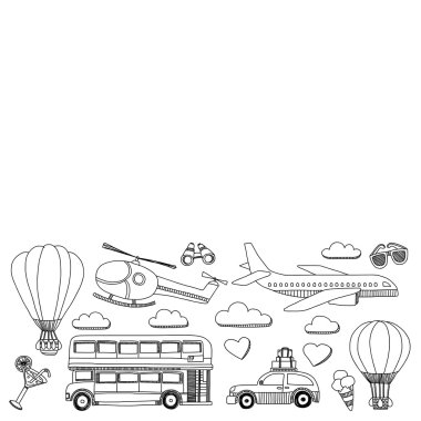 Araba Uçak Helikopter ballon gemi seyahat ve ulaşım vektör doodle kümesi