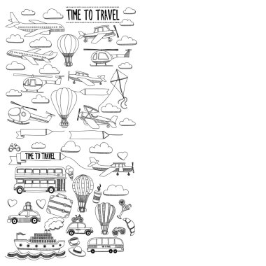 Araba Uçak Helikopter ballon gemi seyahat ve ulaşım vektör doodle kümesi