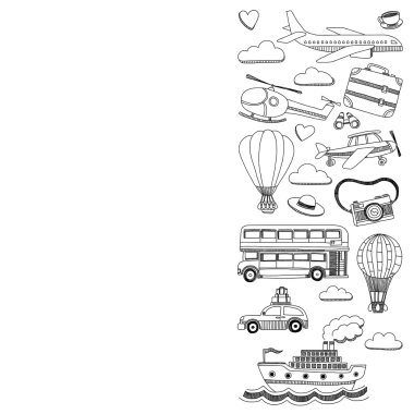 Araba Uçak Helikopter ballon gemi seyahat ve ulaşım vektör doodle kümesi