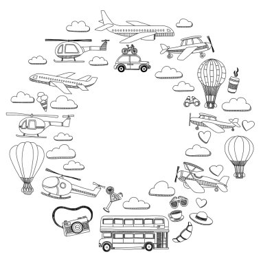 Araba Uçak Helikopter ballon gemi seyahat ve ulaşım vektör doodle kümesi
