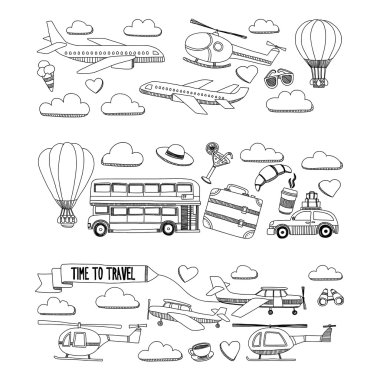 Araba Uçak Helikopter ballon gemi seyahat ve ulaşım vektör doodle kümesi