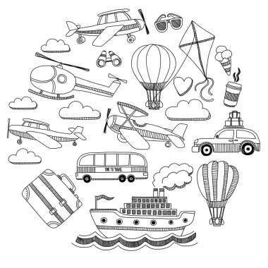 Araba Uçak Helikopter ballon gemi seyahat ve ulaşım vektör doodle kümesi