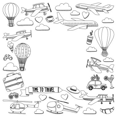 Araba Uçak Helikopter ballon gemi seyahat ve ulaşım vektör doodle kümesi