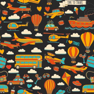 Araba Uçak Helikopter ballon gemi seyahat ve ulaşım vektör doodle kümesi