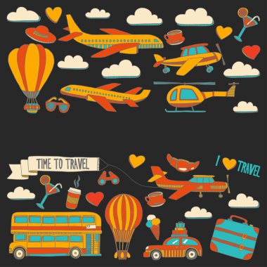 Araba Uçak Helikopter ballon gemi seyahat ve ulaşım vektör doodle kümesi