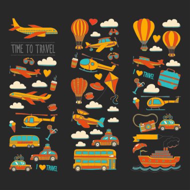 Araba Uçak Helikopter ballon gemi seyahat ve ulaşım vektör doodle kümesi