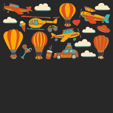 Araba Uçak Helikopter ballon gemi seyahat ve ulaşım vektör doodle kümesi