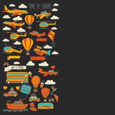 Araba Uçak Helikopter ballon gemi seyahat ve ulaşım vektör doodle kümesi