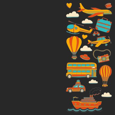 Araba Uçak Helikopter ballon gemi seyahat ve ulaşım vektör doodle kümesi