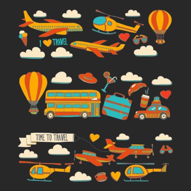 Araba Uçak Helikopter ballon gemi seyahat ve ulaşım vektör doodle kümesi