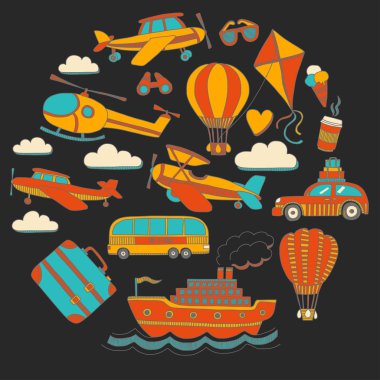 Araba Uçak Helikopter ballon gemi seyahat ve ulaşım vektör doodle kümesi