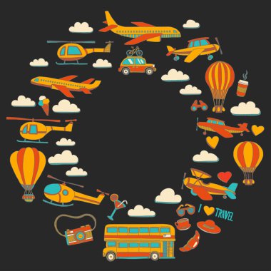 Araba Uçak Helikopter ballon gemi seyahat ve ulaşım vektör doodle kümesi