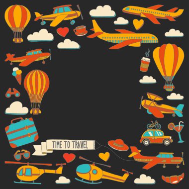 Araba Uçak Helikopter ballon gemi seyahat ve ulaşım vektör doodle kümesi