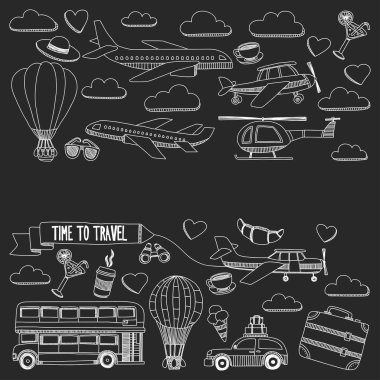 Araba Uçak Helikopter ballon gemi seyahat ve ulaşım vektör doodle kümesi