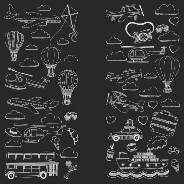 Araba Uçak Helikopter ballon gemi seyahat ve ulaşım vektör doodle kümesi