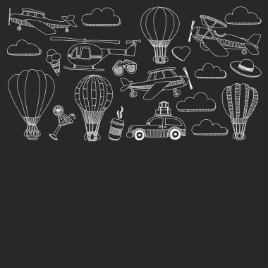 Araba Uçak Helikopter ballon gemi seyahat ve ulaşım vektör doodle kümesi