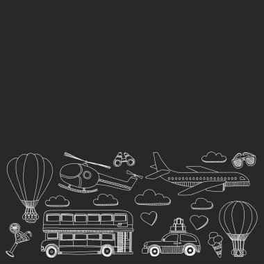 Araba Uçak Helikopter ballon gemi seyahat ve ulaşım vektör doodle kümesi